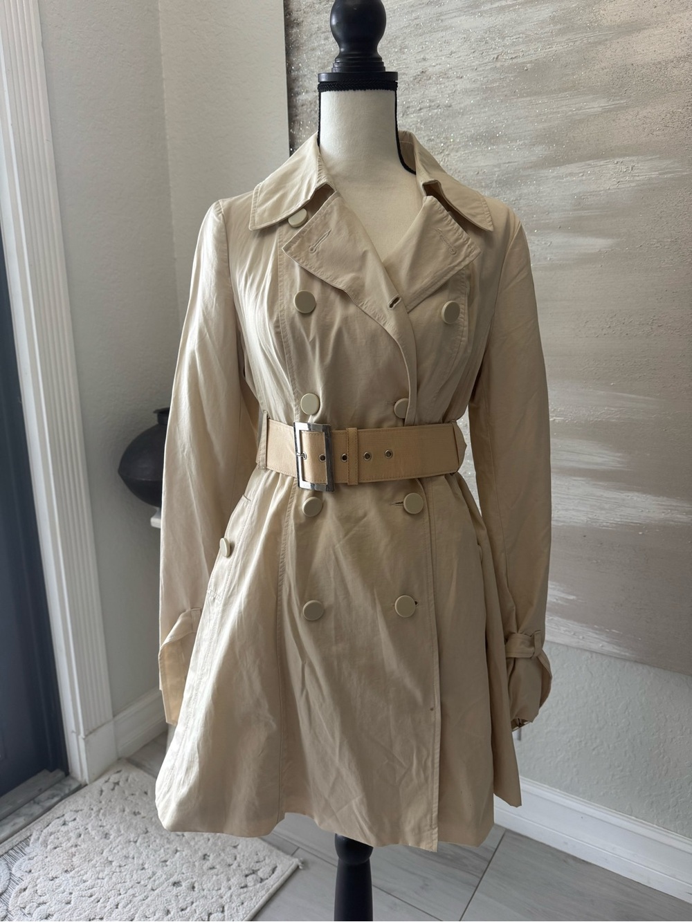 bebe Beige Double-Breasted Trench Coat with Belt